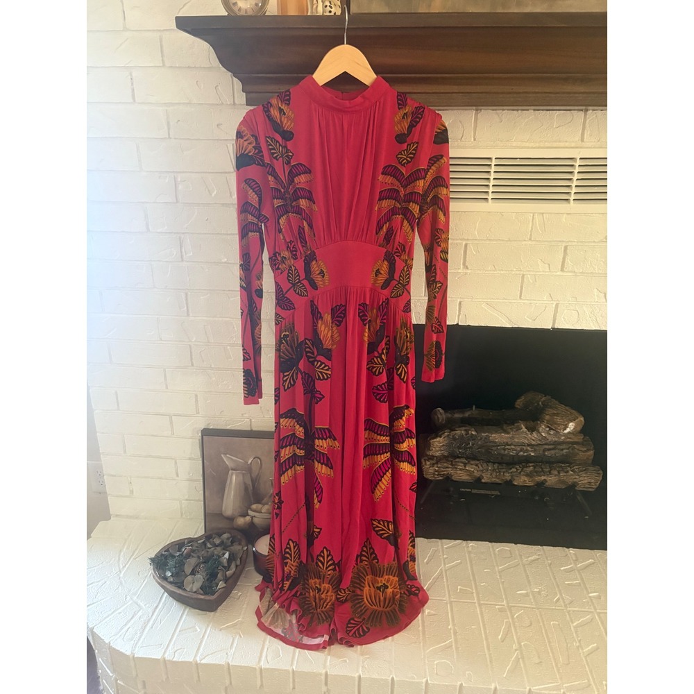 Farm Rio Long-Sleeve Mock-Neck Maxi Dress Red Floral Size Small - Picture 6 of 12